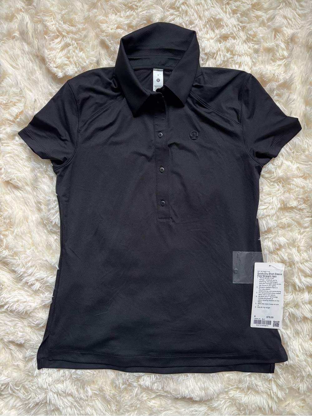 Lululemon Quick-Dry Short Sleeve Polo Straight Hem Black Size 6 NWT
